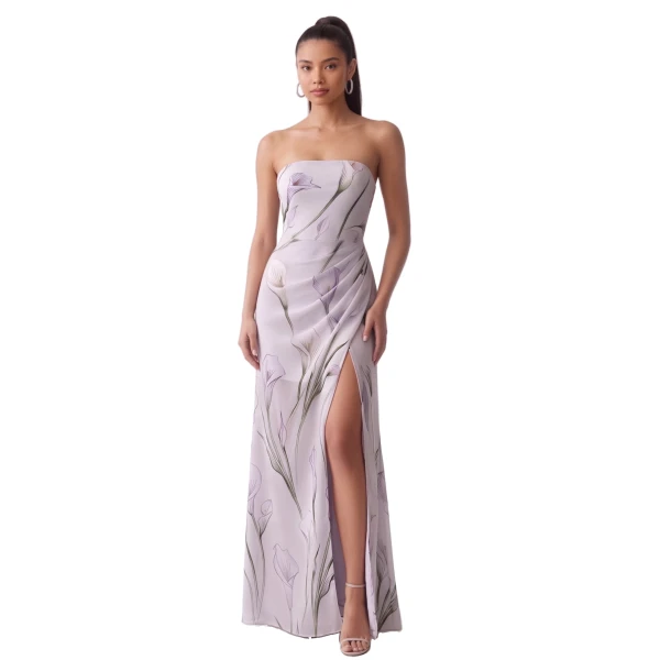 Floral Print Strapless Draped Slit Maxi Dress in Light Gray