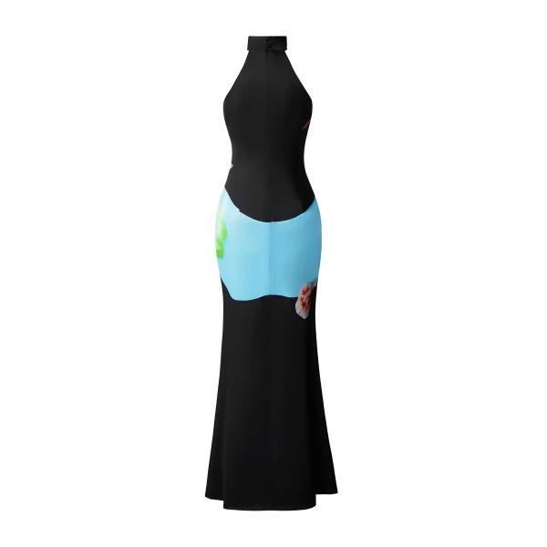 Floral Satin Halter Dress in Multicolor Black