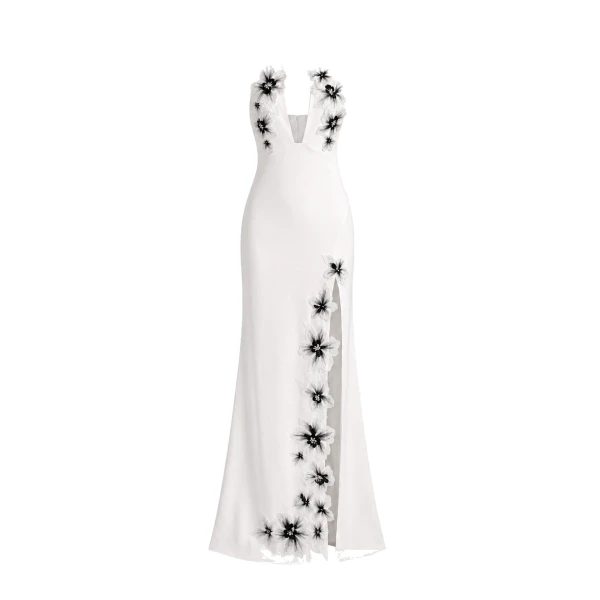 Flower Embroidered Cutout Halter Maxi Dress in White