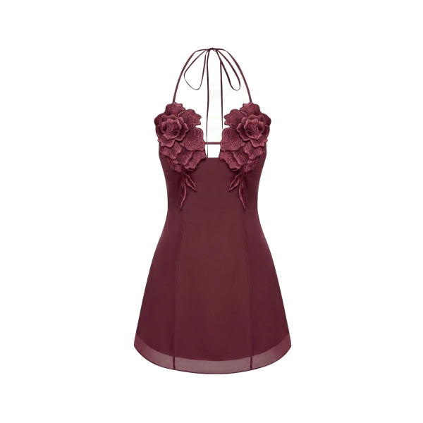 Flower Embroidered Mini Dress in Burgundy