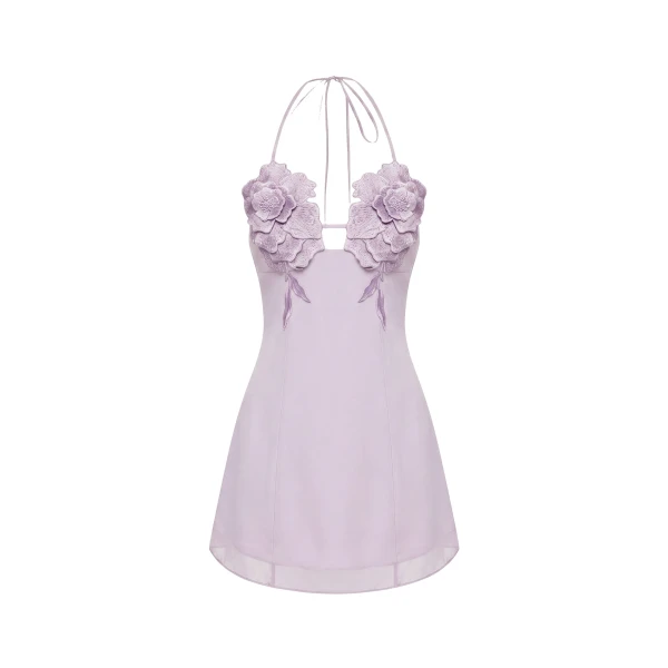 Flower Embroidered Mini Dress in Light Purple