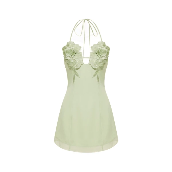 Flower Embroidered Mini Dress in Pistachio Green