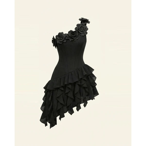 Flower Embroidered One-Shoulder Corset Mini Dress in Black
