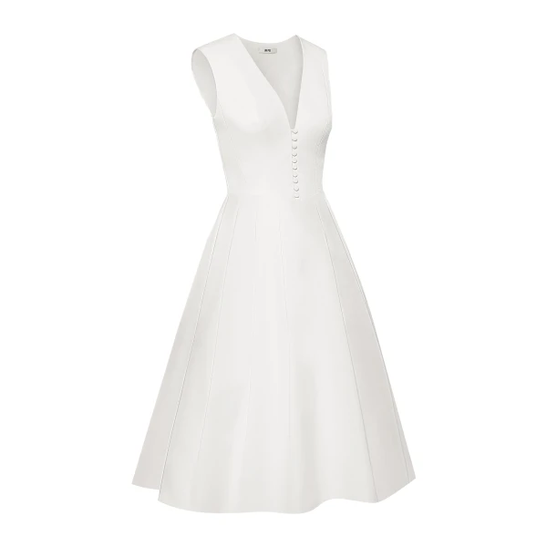 Front V-Neck Pleated Midi Dress in White
