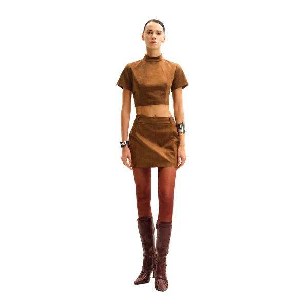 Grace Faux Suede Crop Top and Mini Skirt Set in Camel