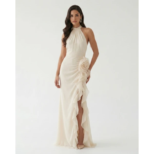 Halter Ruffle Rosette Slit Maxi Dress in Ivory