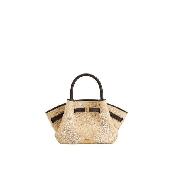 Hana Mini Faux Straw Beading Tote Bag in Brown