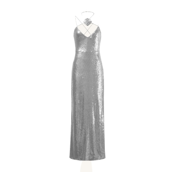 JW PEI Heisey Silver Sequinned Rosette Maxi Dress