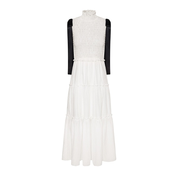 JW PEI High-Neck Sleeveless Smocked Three-Tier Maxi Dress