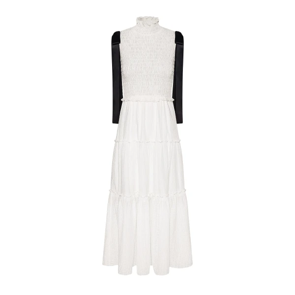 High-Neck Sleeveless Smocked Three-Tier Maxi Dress in White