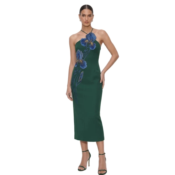 Iris Embroidered Halter Midi Dress in Dark Green
