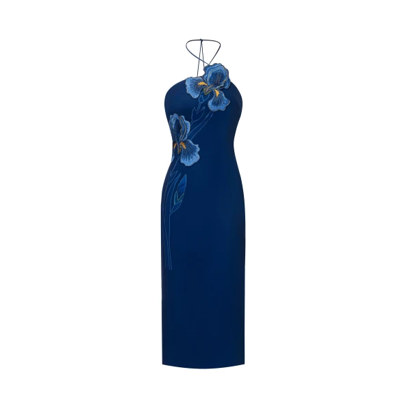 Iris Embroidered Halter Midi Dress in Navy Blue
