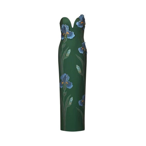 Iris Embroidered Notch Neck Strapless Maxi Dress in Emerald Green