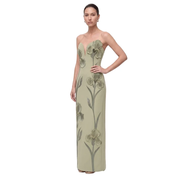 Iris Embroidered Notch Neck Strapless Maxi Dress in Sage Green