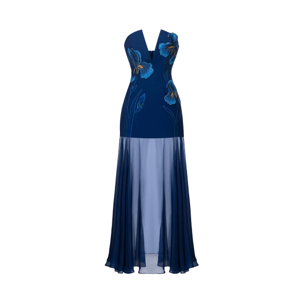 Iris Embroidered Plunge Sheer Overlay Maxi Dress in Navy Blue