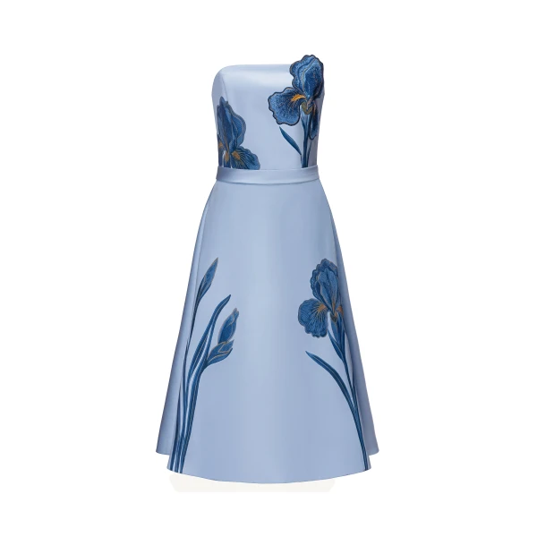 Iris Embroidered Strapless A-Line Midi Dress in Dusty Blue