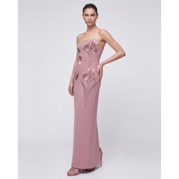 Iris Embroidered Strapless Maxi Dress in Dusty Pink