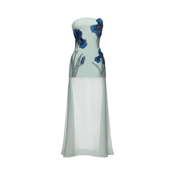Iris Embroidered Strapless Sheer Overlay Maxi Dress in Sage Green