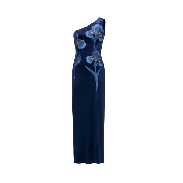 Iris Embroidered Velvet One Shoulder Maxi Dress in Navy Blue