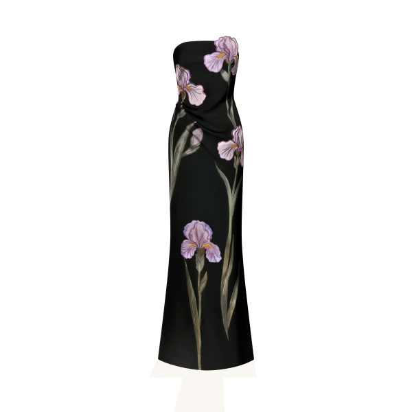Iris Floral-Appliqué Strapless Maxi Dress in Black