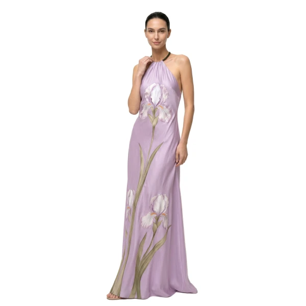 Iris Floral Print Halter Maxi Dress in Lavender