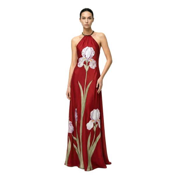 Iris Floral Print Halter Maxi Dress in Ruby
