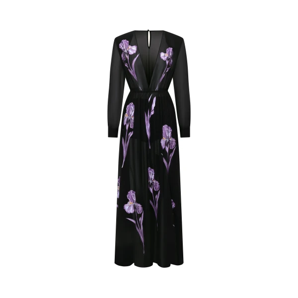 Iris Floral Print Long-Sleeve Sheer Gown in Black/Purple