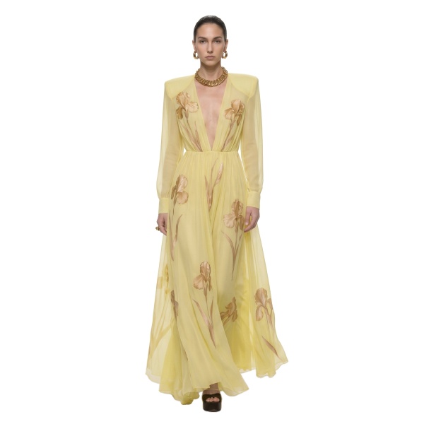 JW PEI Iris Floral Print Long-Sleeve Sheer Gown
