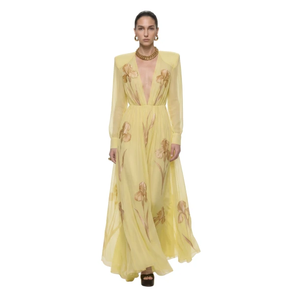 Iris Floral Print Long-Sleeve Sheer Gown in Yellow