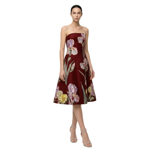 Iris Floral Print Strapless A-Line Dress in Burgundy