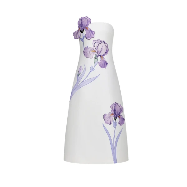 Iris Floral Print Strapless A-Line Maxi Dress in White