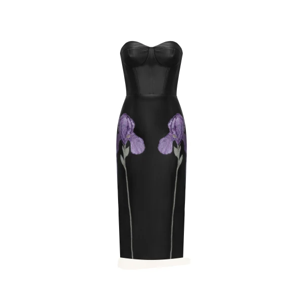 Iris Floral-Print Strapless Corset Leather Midi Dress in Black