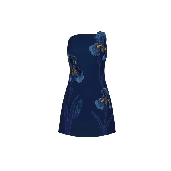 Iris Floral Print Strapless Dress in Navy Blue