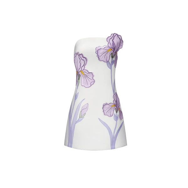 Iris Floral Print Strapless Dress in White