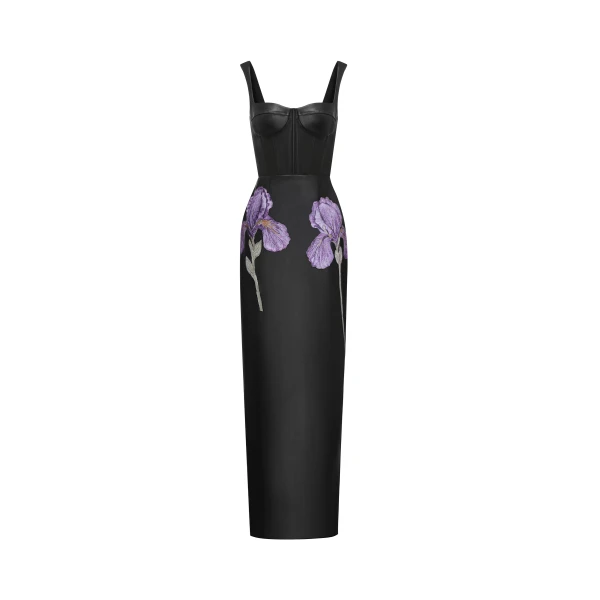 Iris Floral-Print Strappy Corset Leather Maxi Dress in Black