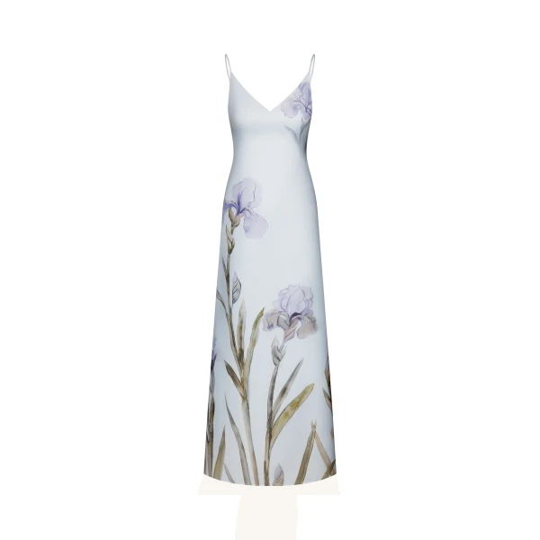 Iris Motif Satin Slip Gown in Light Blue