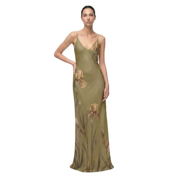 Iris Motif Satin Slip Gown in Olive Green