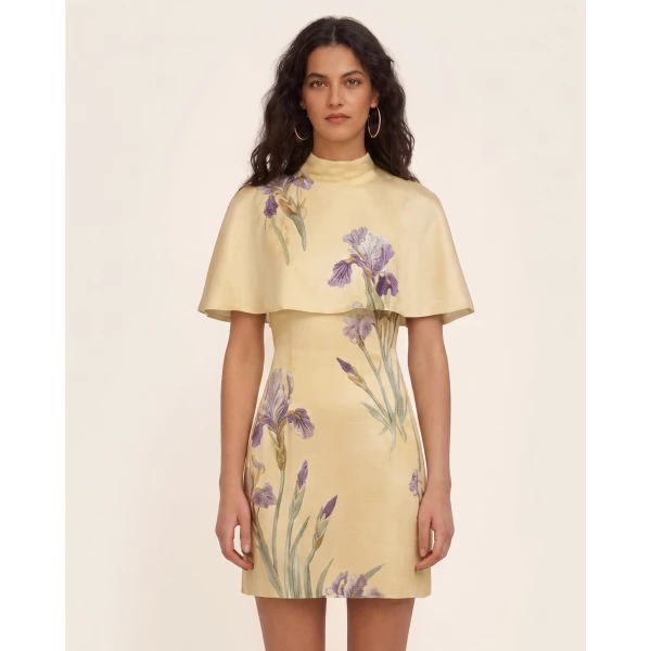 Iris Print Cape Overlay Mini Dress in Soft Yellow
