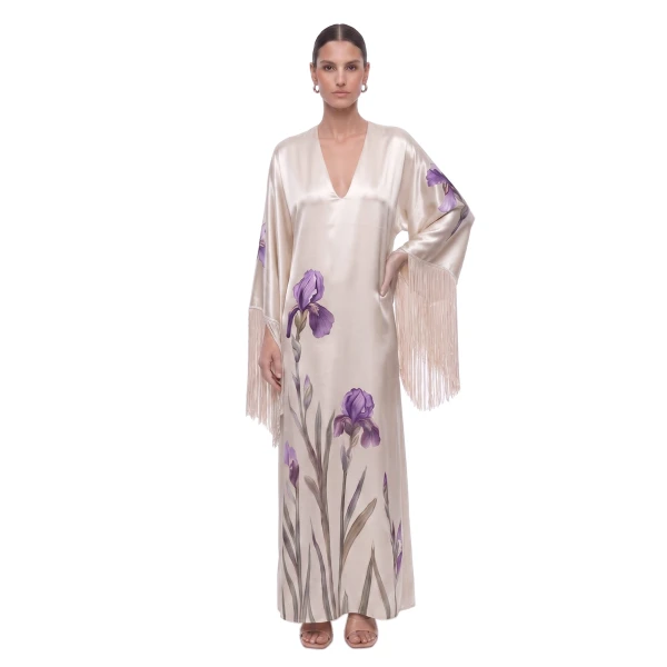 Iris Print Fringe Sleeve V-Neck Maxi Dress in Champagne