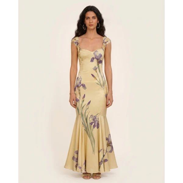 Iris Print Satin Mermaid Maxi Dress in Soft Yellow