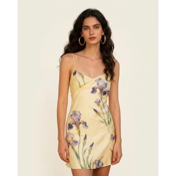 Iris Print Satin Slip Mini Dress in Soft Yellow