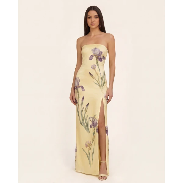 JW PEI Iris Print Strapless Satin Slit Maxi Dress