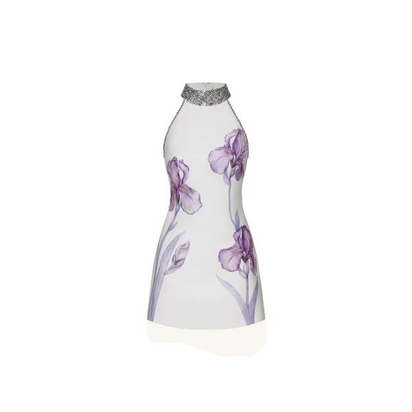 Jeweled Halter Iris Motif Dress in White