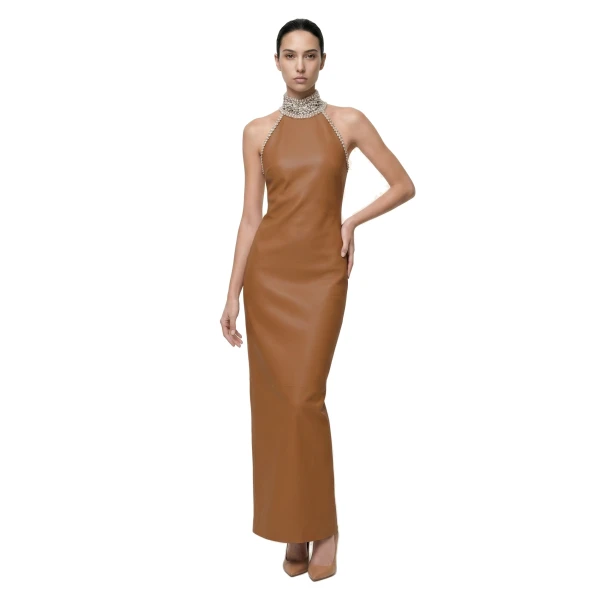 Jeweled High Neck Halter Maxi Dress in Caramel Brown