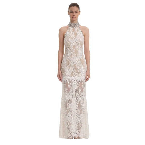 Jeweled Lace Halter Dress in White