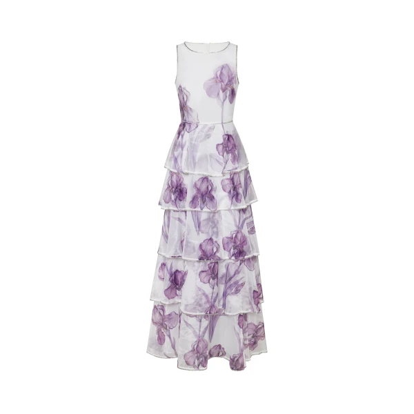 Jeweled-Trim Tiered Iris Print Organza Maxi Dress in White/Purple