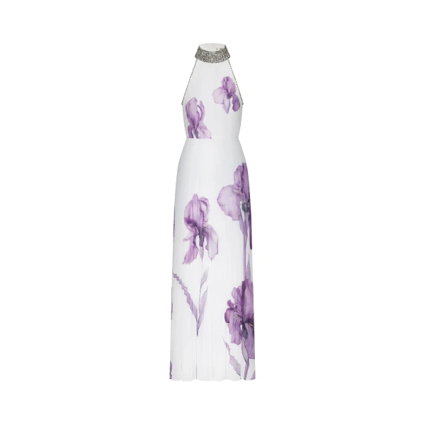 Jeweled-neck Halter Pleated Iris Print Maxi Dress in White/Purple
