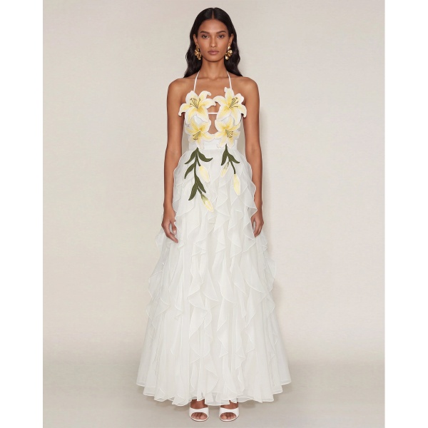 JW PEI Lily-Embroidered Embroidered Halter Tiered Maxi Dress