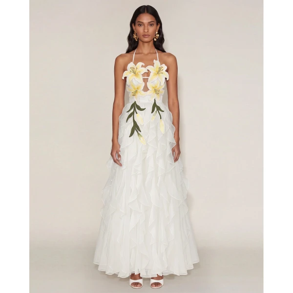Lily-Embroidered Embroidered Halter Tiered Maxi Dress in White