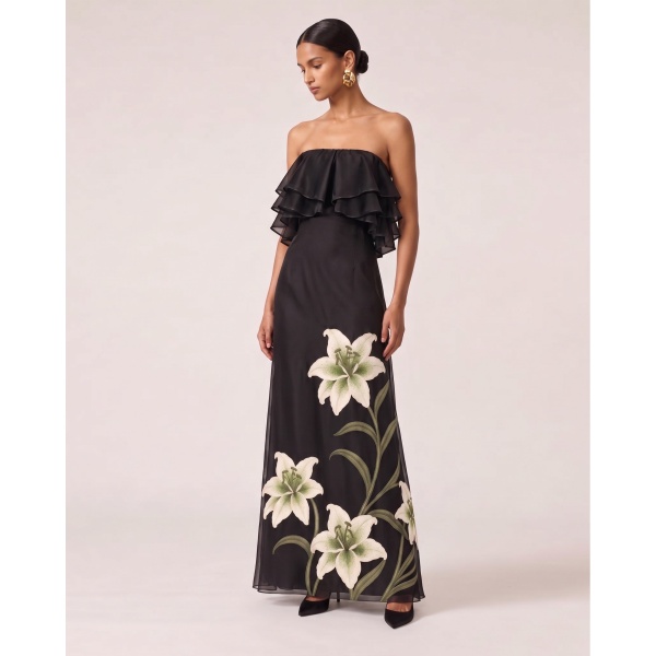 JW PEI Lily Embroidered Layered Ruffle Strapless Maxi Dress